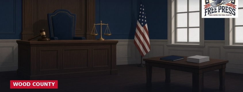 Fostoria News Courtroom with judge's bench, American flag, and legal books.